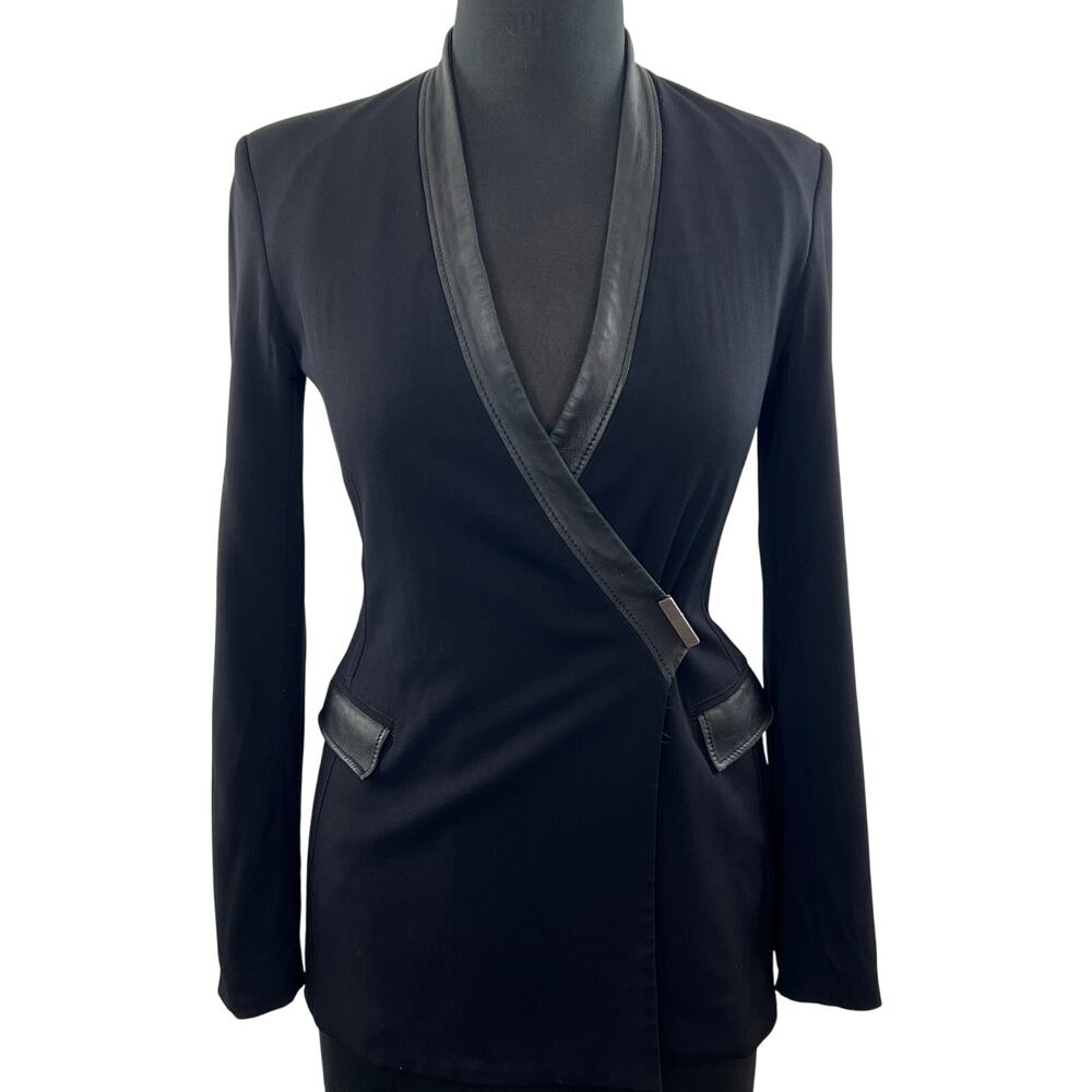 Helmut Lang Black Long Sleeve Leather Trim Oversized Blazer Jacket Size 0